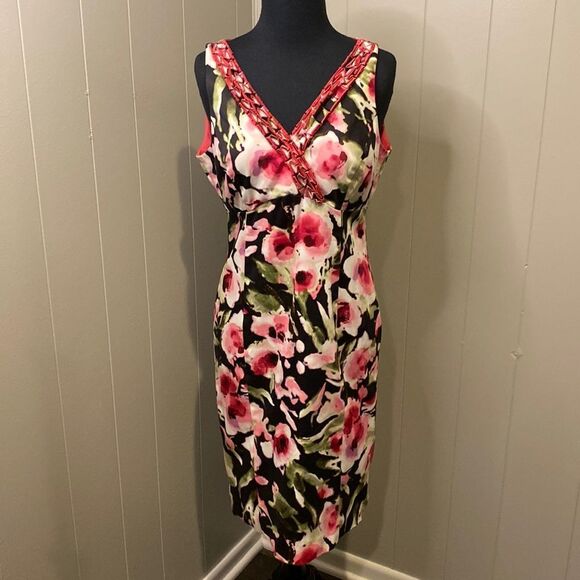 JONES NEW YORK 4 FLORAL RUFFLE DRESS Pink Black Green V-Neck Sheath - Picture 1 of 8